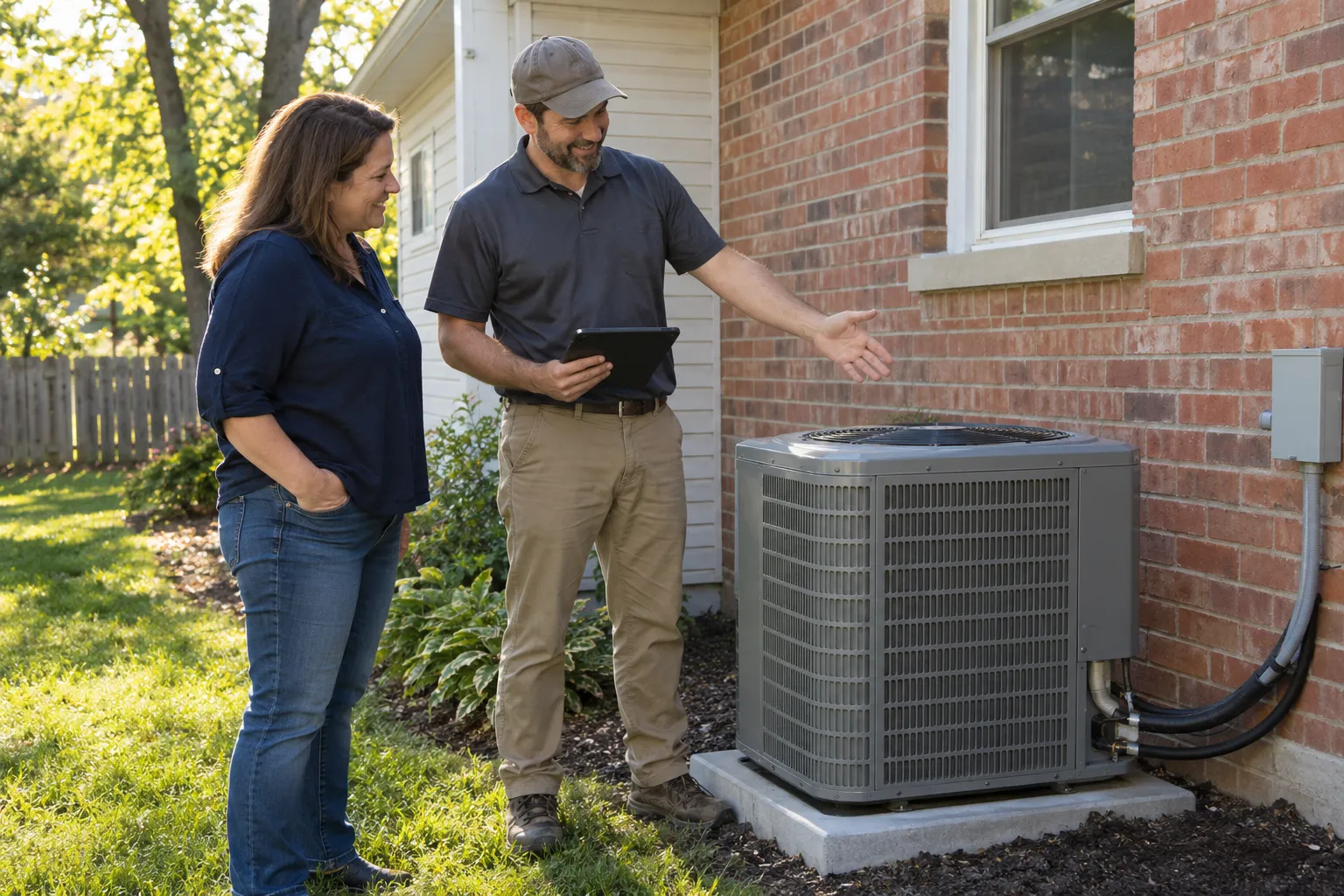 A friendly HVAC provider and a homeowner reviewing a new outdoor AC unit beside a brick home in the Atlanta area