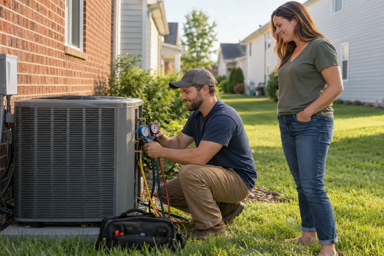 Friendly HVAC provider checking an outdoor air conditioner unit beside a brick home in Atlanta