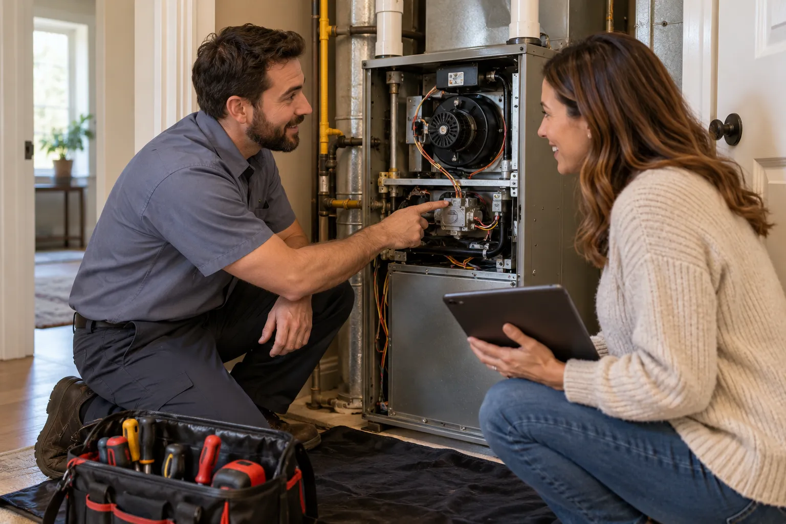 A friendly local provider showing a Atlanta homeowner the furnace in a tidy utility closet