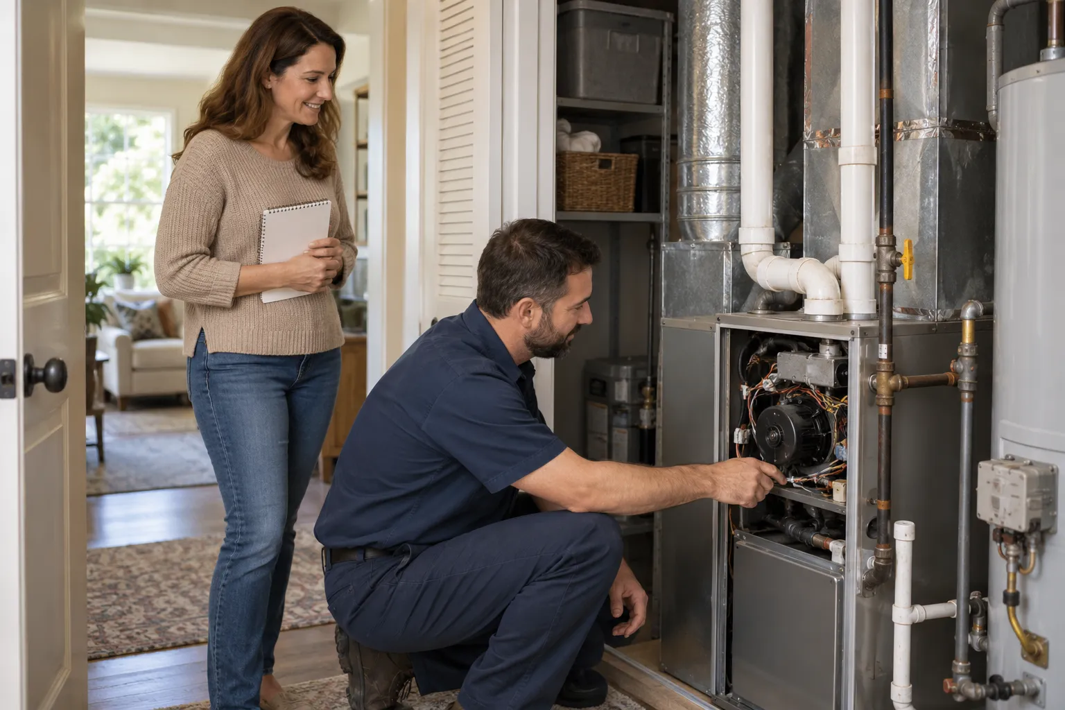 A provider checking a furnace while a homeowner looks on